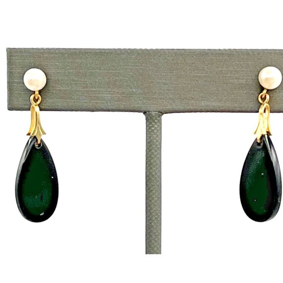 Vintage 14k Yellow Gold Pearl Onyx Dangle Pierced Earrings 1 3/8" - Picture 1 of 8